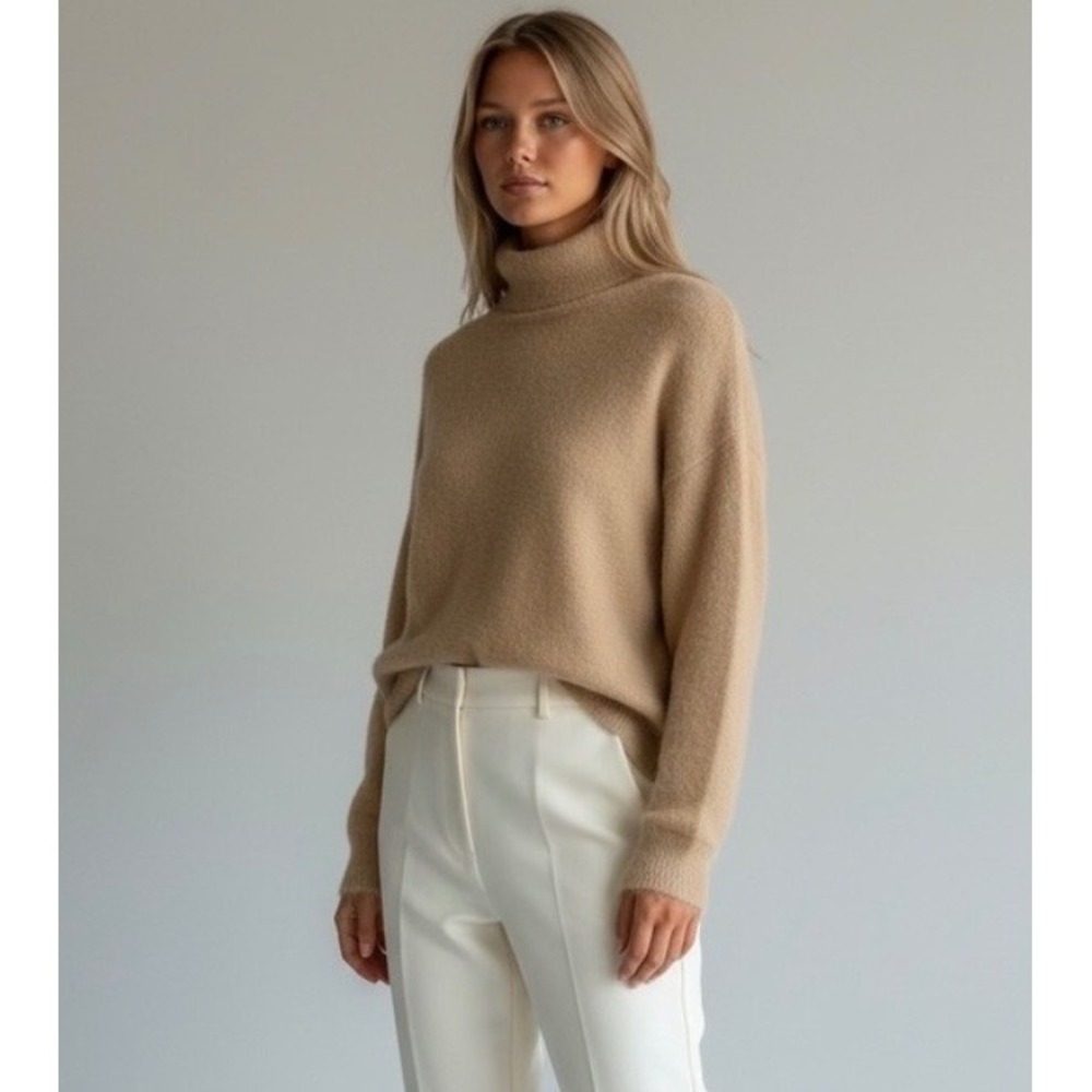 Camel Tan Fuzzy Knit Turtleneck Medium Sweater Relaxed Fit Neutral Basic Core